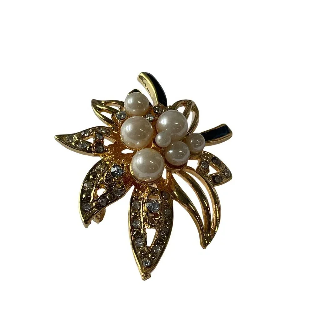 Gold-Tone Faux Pearl‎ & Rhinestone Floral Brooch Pin